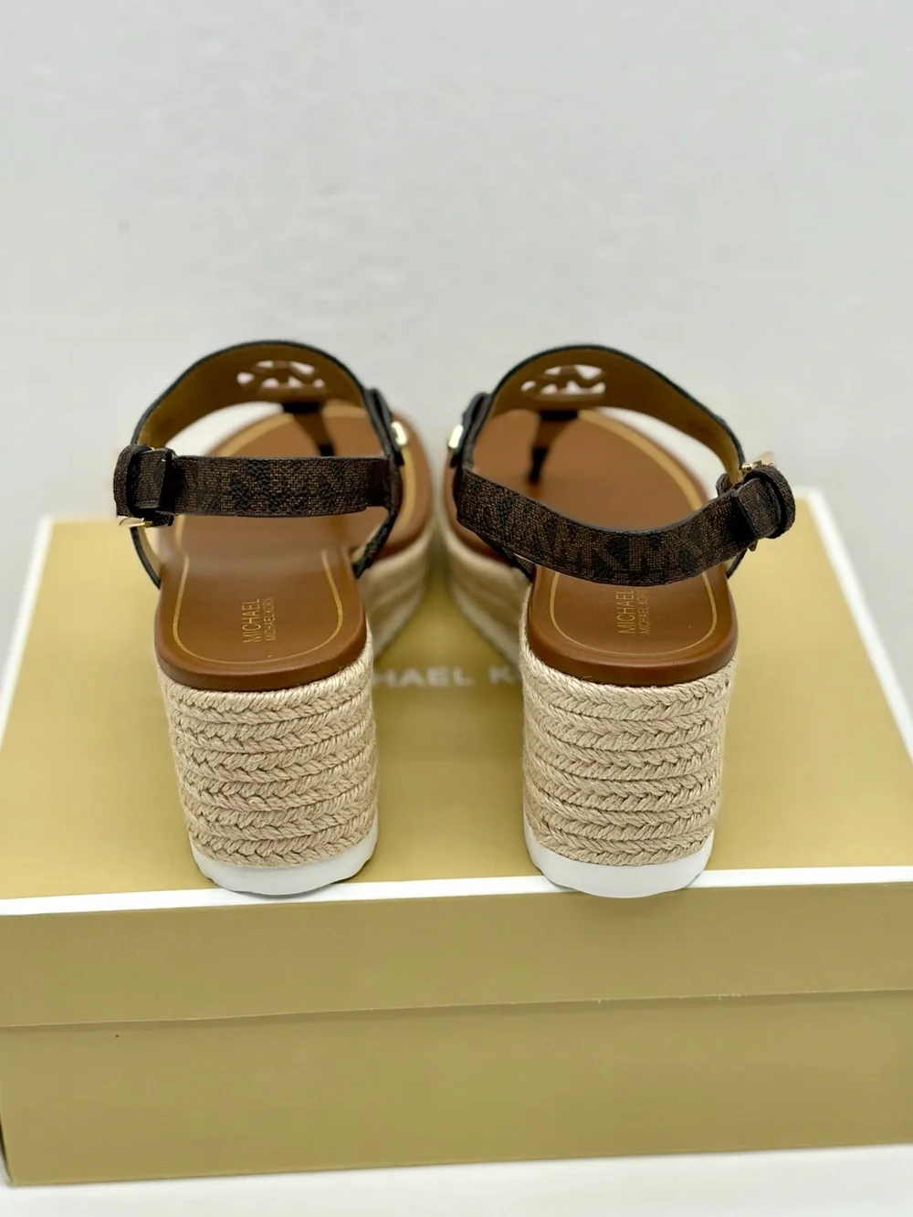 Michael Kors Aubrey Cutout Signature Logo Wedge Sandal Brown 7